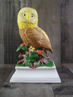 Ceramic Yellow Owl Sitting on Berry Branch Vintage Handmade Decor